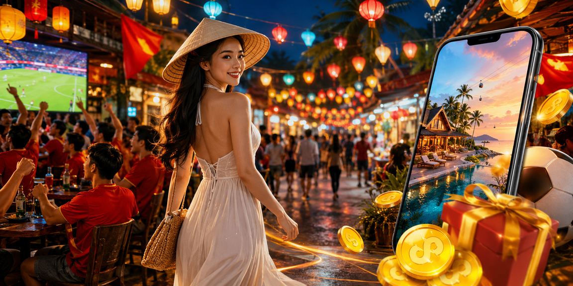 Người dùng Phú Quốc truy cập casino trực tuyến trên điện thoại dưới bóng nón lá